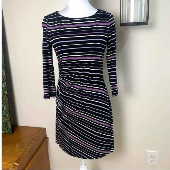 White House Black Market Sz S Ruched Sheath Dress Purple Black Striped Stretch - Picture 2 of 11